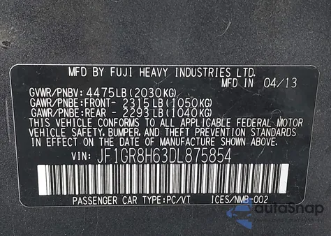 2013 Subaru Impreza Wrx Sti из США, поврежденный, VIN JF1GR8H63DL875854